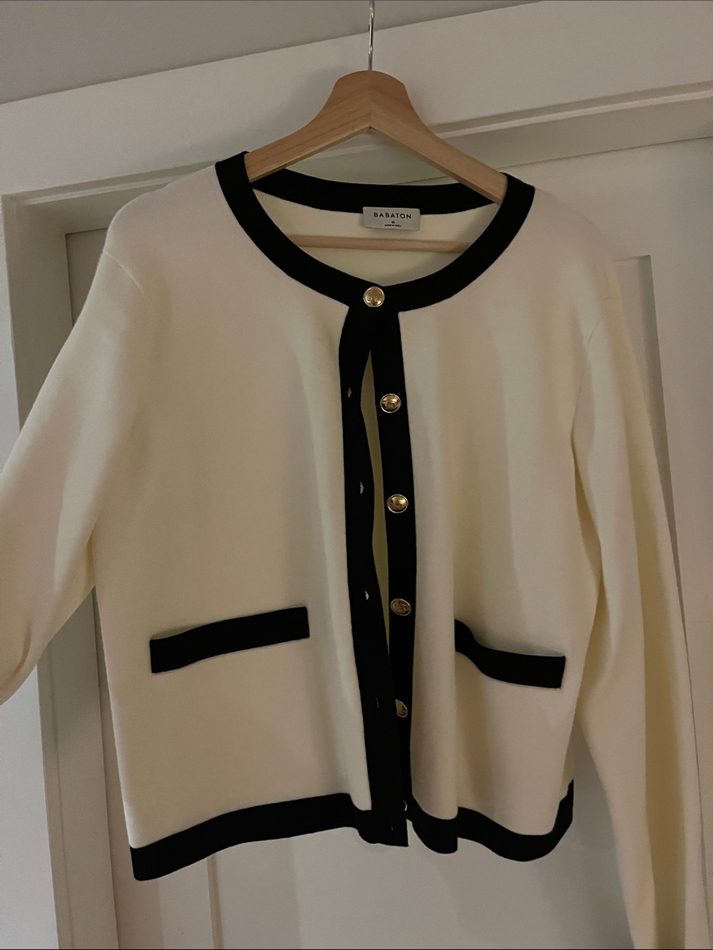 Aritzia Babaton Cream Cardigan with Black Contrast Trim an gold buttons